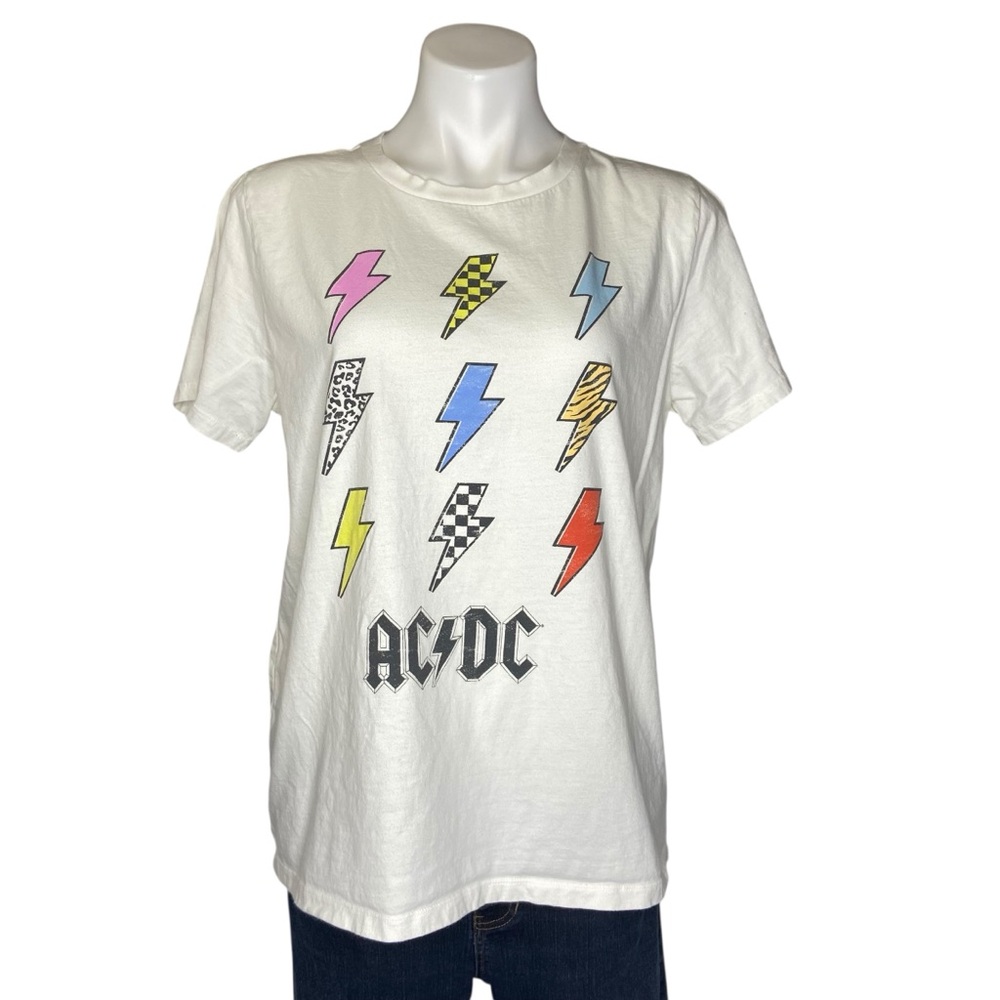 AC/DC Lightning Bolt Graphic Band Tee Short Sleeve Crewneck White XL Juniors